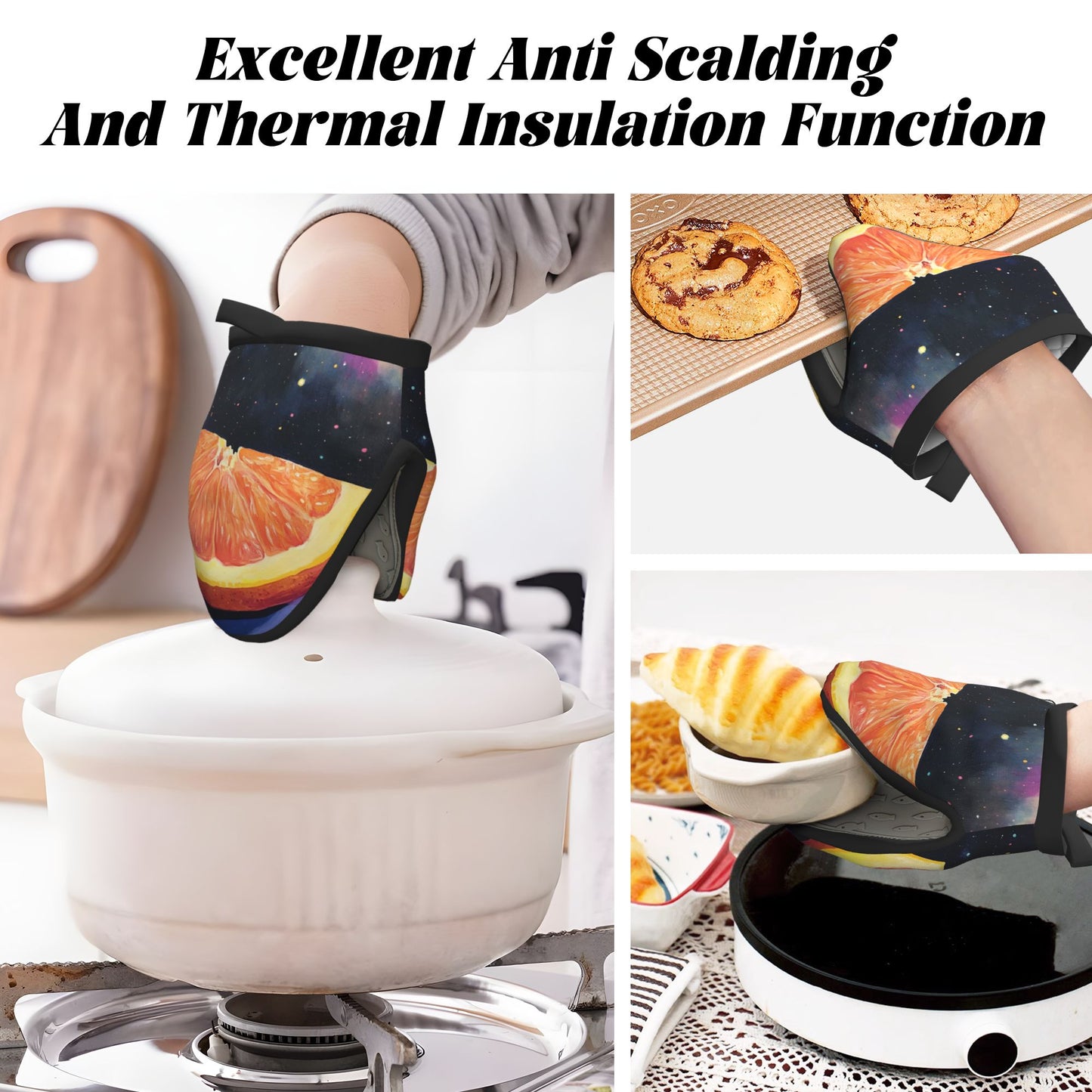 Space Orange Print Oven Mitt | 15×15cm Heat-Resistant Glove with Non-Slip Silicone & Hanging Loop