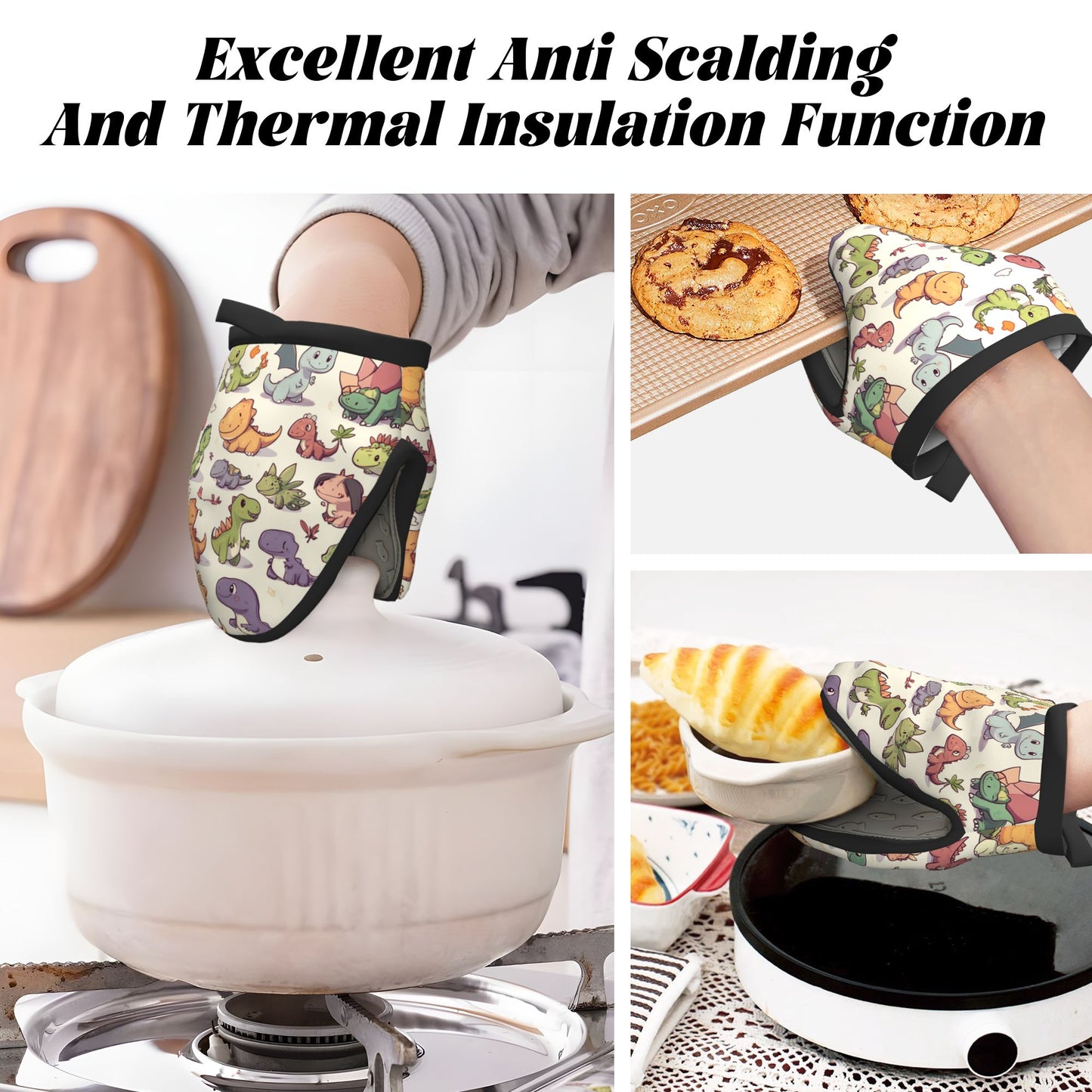 Cute Cartoon Dinosaur - Printed Oven Mitt, 5.9 Inches (15cm), Heat - Resistant & Insulated Kitchen Baking Protection Glove