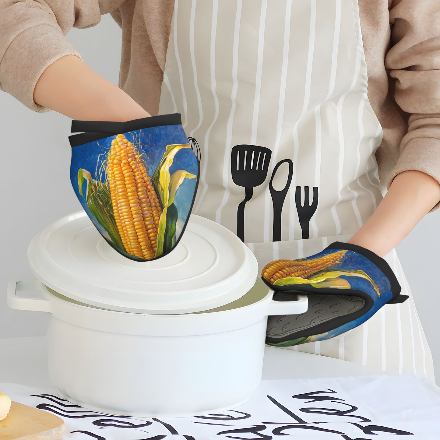 Creative Corn Printed Heat-Resistant Oven Mitt | 15×15cm Non-Slip Silicone Kitchen Glove