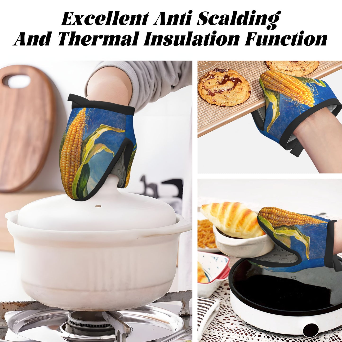 Creative Corn Printed Heat-Resistant Oven Mitt | 15×15cm Non-Slip Silicone Kitchen Glove