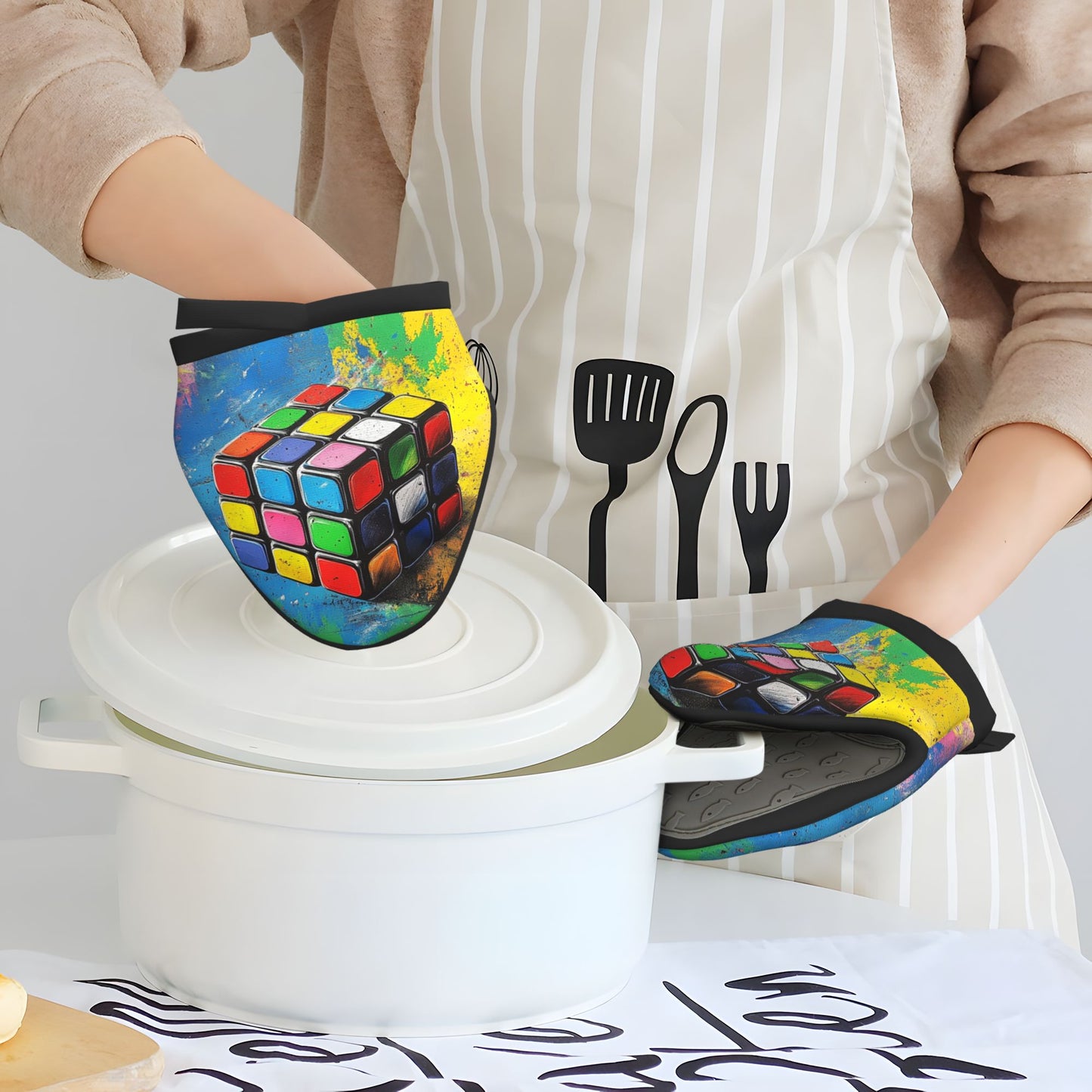 Rubik's Cube Art Oven Mitt | 15×15cm Heat-Resistant Kitchen Glove with Anti-Slip Silicone Grip