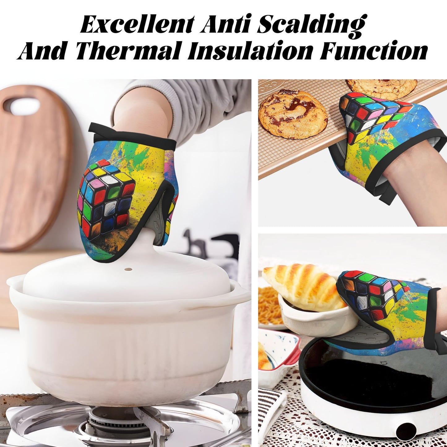 Rubik's Cube Art Oven Mitt | 15×15cm Heat-Resistant Kitchen Glove with Anti-Slip Silicone Grip